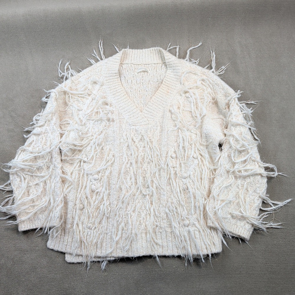 Anthropologie XL Shag Fringe V-Neck Sweater Ivory Metallic Sequin Cable Knit
